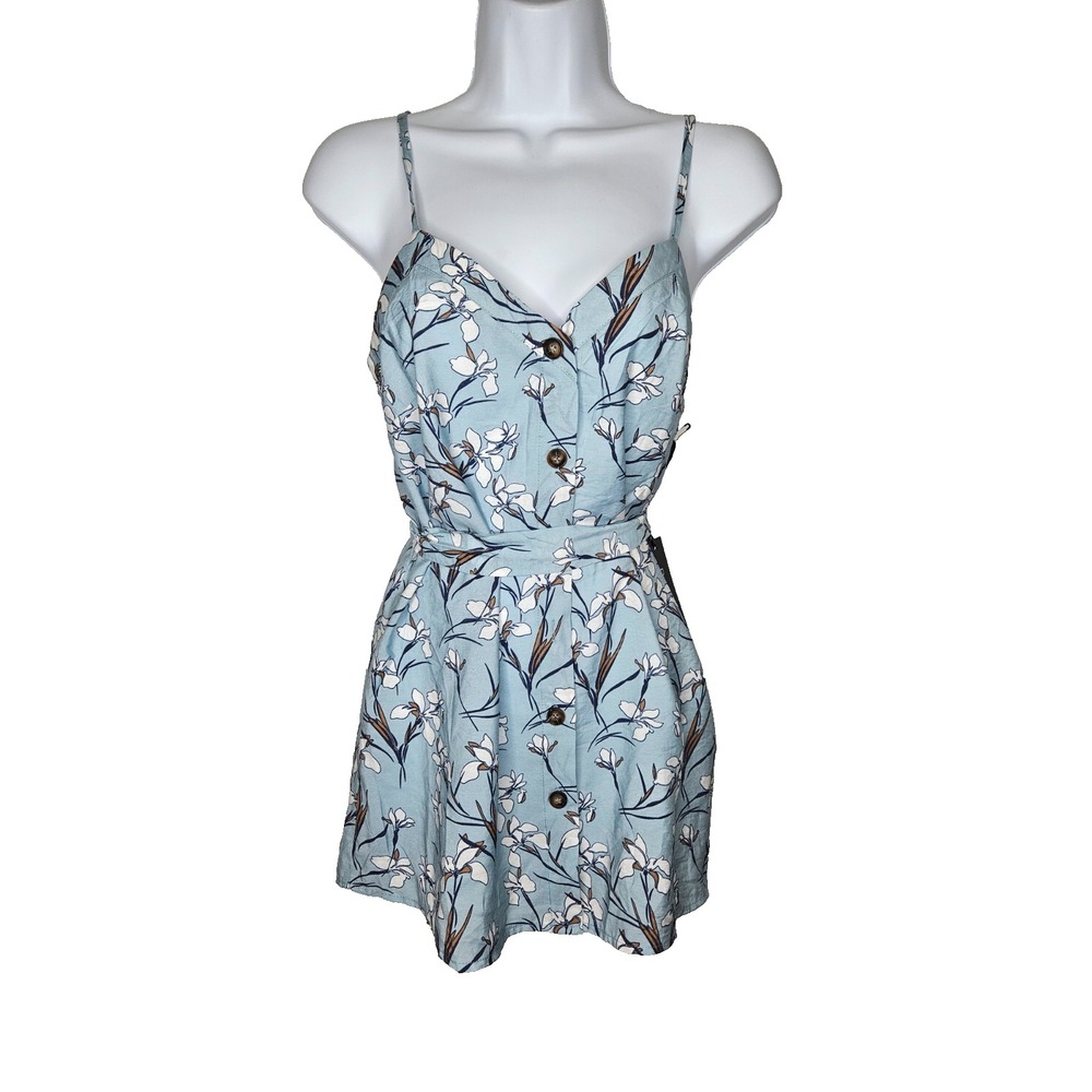 Doe & Rae Floral Button Front‎ Romper Blue Belted Sleeveless Summer Boho Women S